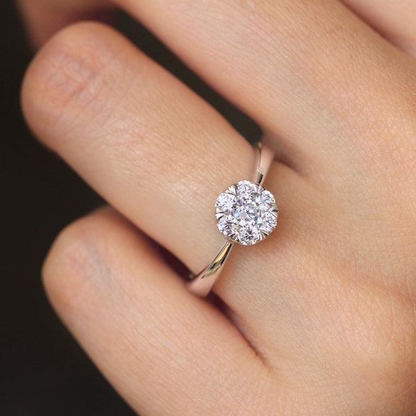 Floral Cluster Solitaire Engagement Ring - Flower CZ Diamond Ring - Minimalist Flower Ring - Dainty Daily Jewelry - Gift for Her [BR3754]