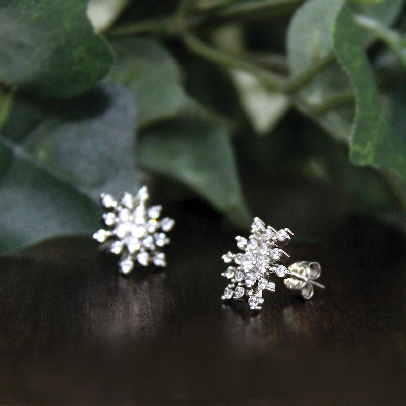 Snowflake Stud Earrings Winter Jewelry Sun Ray Stud Earrings Brilliant Cut Diamond Earrings Flower Studs for Her BE8464 image 3