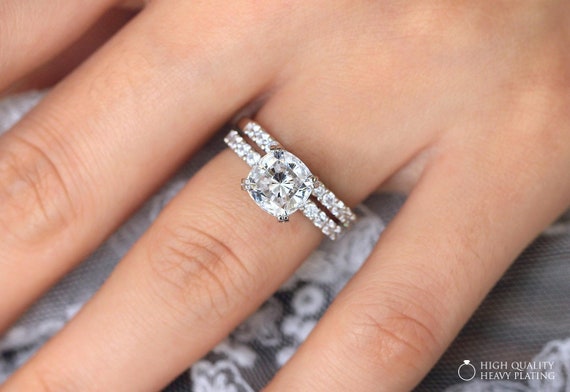 3 60 Cttw Bridal Set Ring Cushion Cut Diamond Simulant Etsy