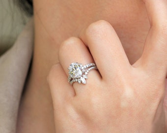 Unique Diamond Tiara Engagement Ring Set - Oval Diamond Halo Double Ring Set - Tiara Curve Engagement Wedding Ring Set [BR4519-2T]