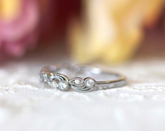 Leaf & Vine Art Deco Wedding Ring - Vintage Nature Ring - Half Eternity Ring - Marquise Dot Ring - Unique Vintage Wedding Band [BR2252]