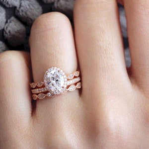 Oval Diamond Engagement Ring Set Dainty Art Deco Bridal Set Gift for Her Three Ring Diamond CZ Proposal Set BR5953-3MX image 6