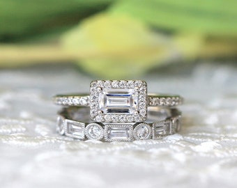Art Deco Emerald Halo Bridal Set - Emerald Cut Diamond Engagement Ring Set - Unique Matching Ring Set - Gift for Her [BR6851-2D]