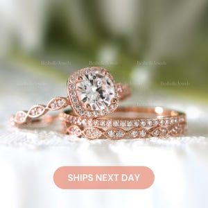Round Halo Bridal Ring Set / Vintage Art Deco Wedding Ring Set / Dainty Superior Lab-Created CZ Diamond / 3PC Stacking Ring Set / 5553-3PX