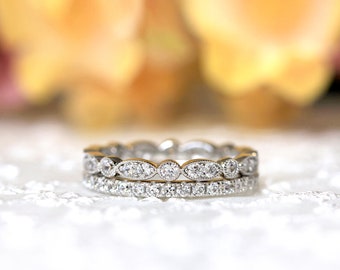 Milgrain Art Deco & 4x4 Prong Pave Eternity Ring Set - Stackable Brilliant Cut Diamond Eternity Rings - Double Ring Set [BR7954E-2]