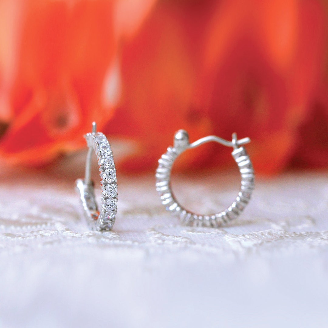 Minimalist Diamond Hoop Earrings All Around Prong Set Diamond Huggie Earrings Bridesmaid Wedding