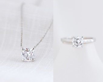 Lady Cushion Jewelry Set - Minimalistische sieraden cadeauset - Cadeau voor haar - Kussen gesneden ring, kussen gesneden ketting - Kussen gesneden Solitaire Set