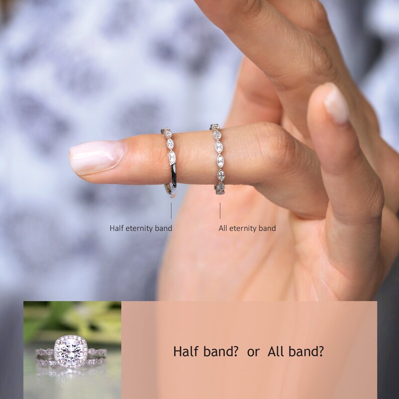Round Halo Art Deco Bridal Ring Set 7.5mm Diamond Center Engagement Ring Set Dainty Vintage Wedding Ring Set BR6053-2 image 6