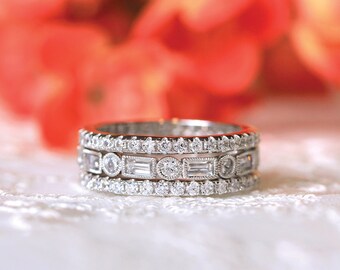 Baguette Diamond Eternity Band Stack - Stackable Baguette Ring - Brilliant & Baguette Cut Diamond Wedding Ring Set [BR5916-3]