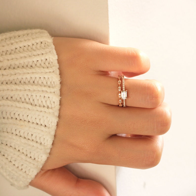 0.92 cttw Emerald Cut Engagement Ring W Art Deco Full Eternity Wedding Band Ring-Bridal Ring-Dainty Set-Rose Gold Plated 65417RG-2B