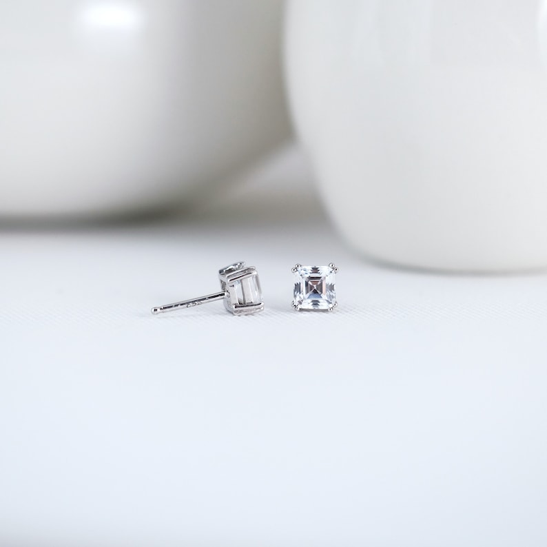 Asscher Cut Diamond Stud Earrings Diamond Solitaire Studs Gift for Her Minimalist Studs Dainty Bridal Earrings BE0882 image 4