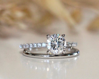 Round Bridal Ring Set - Brilliant Cut Diamond CZ Engagement Ring W/ Plain Band Ring - Wedding Ring Set [BR1455-2]