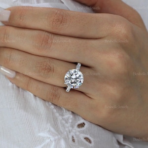 12mm Statement Round Engagement Ring - Round & Baguette Cut Engagement Ring - Round Statement Solitaire Ring [BR1411]