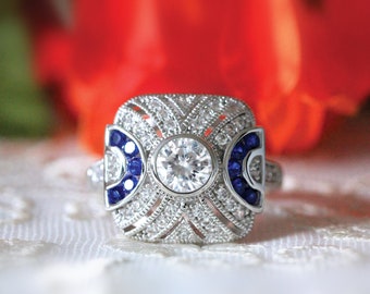 Bague de fiançailles Art déco Center - Bague avec diamants CZ bleus taille brillant - Bague de félicitations décoratives - Bague saphir CZ bleu [BR8919]