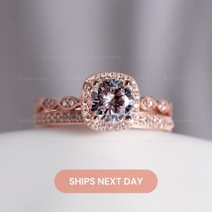 Vintage Art Deco Bridal Set - Round Brilliant Cut Halo Engagement Ring Set - Mix Matched Ring Set - Mix & Match Stackable Set [BR5553-2M]