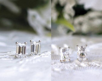 Emerald & Radiant Cut Diamond Solitaire Studs - Dainty Wedding Earrings - Bridesmaid Gifts - Gift for Her - Emmy Studs [BE4400EM/RT]