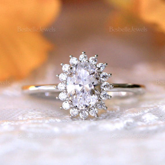 Minimalist Flower Oval Halo Engagement Ring - Oval Halo Ring - Oval Ring - Oval Halo 925 Sterling Silver Ring - Flower Halo Ring (6554R)