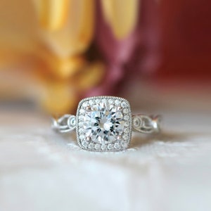 Leaf & Vine Art Deco Halo Engagement Ring - Brilliant Cut Diamond Ring - Vintage Victorian Style Wedding Ring - CZ Diamond Ring [BR4252]