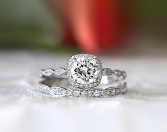 Vintage Art Deco Bridal Set - Halo Engagement Ring Matching Set - Unique Wedding Ring Stack - Anniversary Gift for Her [BR5553-2A]