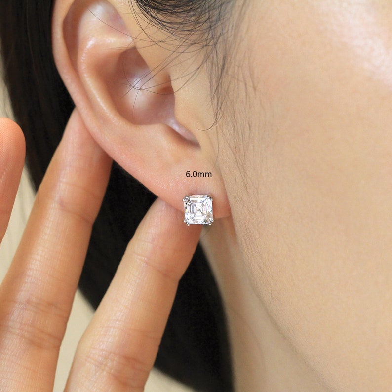 Asscher Cut Diamond Stud Earrings Diamond Solitaire Studs Gift for Her Minimalist Studs Dainty Bridal Earrings BE0882 image 6