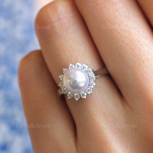 Pearl Ring Pave Set Halo Engagement Ring - Bridal Ring Promise Ring - Anniversary Ring Everyday Ring - Pearl Halo Ring [BR8051]