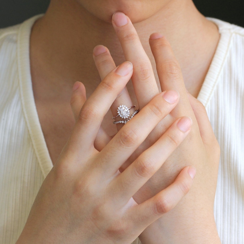 1.37 Cttw Oval Halo Engagement Ring W/ Tiara Wedding Band Ring Etsy