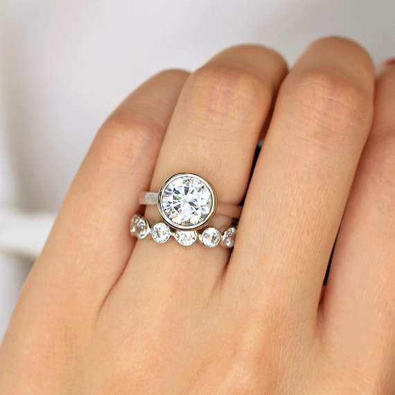 Round Bezel Statement Ring Set Solitaire Bridal Engagement Set