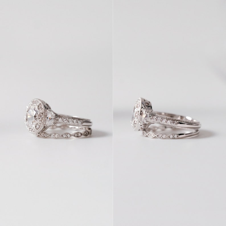 2.67 cttw Art Deco Bridal Set Oval Cut Diamond Simulant Vintage Art Deco Engagement Ring w/ All or Half Eternity Band Ring BR3950-2 image 6