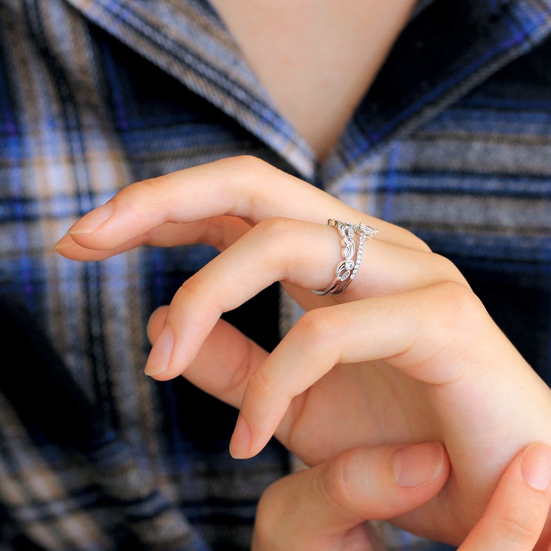 0.56 cttw \u2022 Art Deco Wedding Ring Set \u2022 Tiara Curve /& Vine Shaped Stacking Ring \u2022 Stackable Eternity Band \u2022 Dainty Wedding Ring 65222-2T