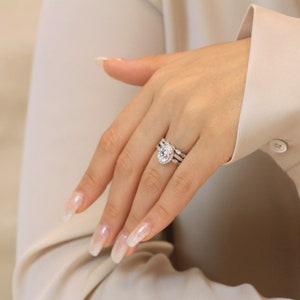 Oval Diamond Engagement Ring Set Dainty Art Deco Bridal Set Gift for Her Three Ring Diamond CZ Proposal Set BR5953-3MX image 4