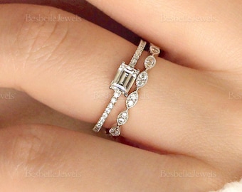 Emerald Cut Engagement Ring Set - Minimalist Bridal Jewelry Set - Emerald Matching Jewelry Set - Dainty Wedding Ring Set (1754-2AR)