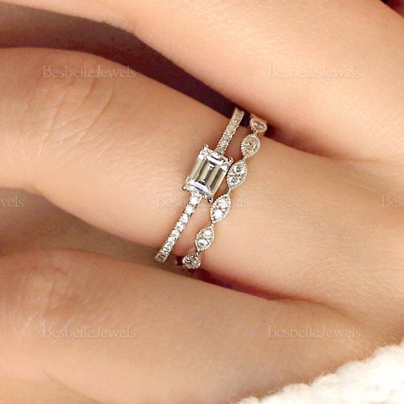Buy Emerald Cut Engagement Ring Set Minimalist Bridal Jewelry