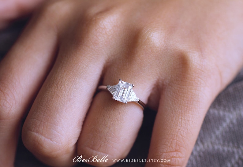 1.66 cttw \u2022 Three Stone Engagement Ring \u2022 Emerald /& Trillion Cut Diamond Simulant \u2022 Bridal Ring \u2022 Wedding Ring 8420ES