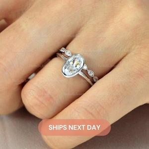 Oval Bezel Solitaire Ring Set / Oval Cut Engagement Ring w/ Art Deco Band Ring / Lab Created CZ / Dainty Stackable Bridal Rings / 8454-2A