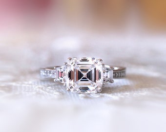 Three Stone Asscher Cut Diamond Ring - Asscher Cut Engagement Ring - Dainty CZ Diamond Asscher Cut - Bridal Wedding Jewelry [BR6917]