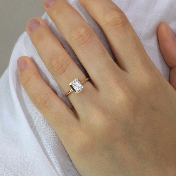 Emerald Bezel Cut Ring - Emerald Cut Engagement Ring - Minimalist Emerald Bezel Ring - Dainty Bezel Ring - CZ Diamond Promise Ring [BR8554]