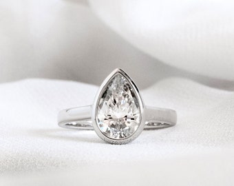 Bague solitaire en diamant taille poire avec lunette - Bague de fiançailles avec diamant simulé - Bague promesse minimaliste avec diamants CZ - Cadeau pour elle [BR3050]
