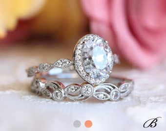 2.20 cttw Art Deco Braut Set Ring Oval Halo Verlobungsring mit Blatt & Weinstock Vintage Ehering zierliche Braut Set [BR65359-2A]