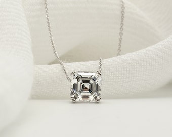 Asscher Cut Solitaire Necklace - 6.5mm or 8.0mm Options - Dainty Minimalist Necklace - Gift for Her - Wedding Day Silver Necklace [BN6155]