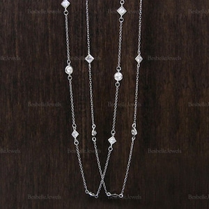 Mix of Cz Diamond By The Yard Station Necklace - Princess Cut Mix Diamond Necklace - Length Options 16&quot;+ 2&quot;/18&quot;/24&quot;/36&quot;/54&quot; [BN3901]