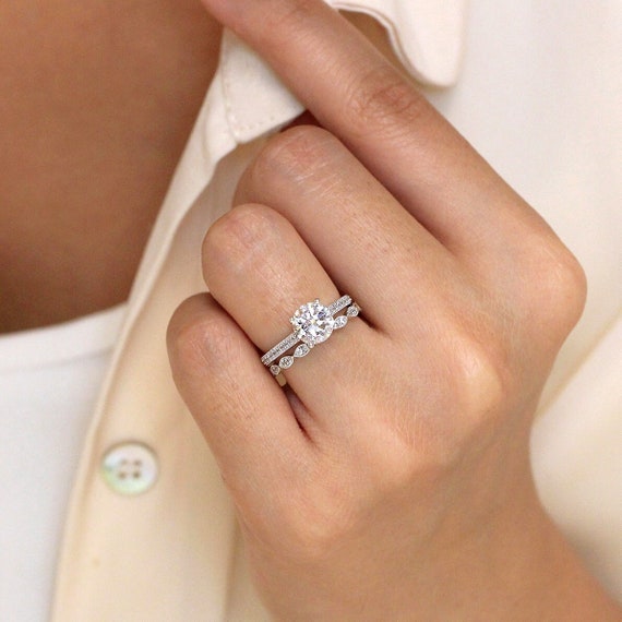 Silver Solitaire Art Deco Bridal Engagement Ring Set Eternity Ring
