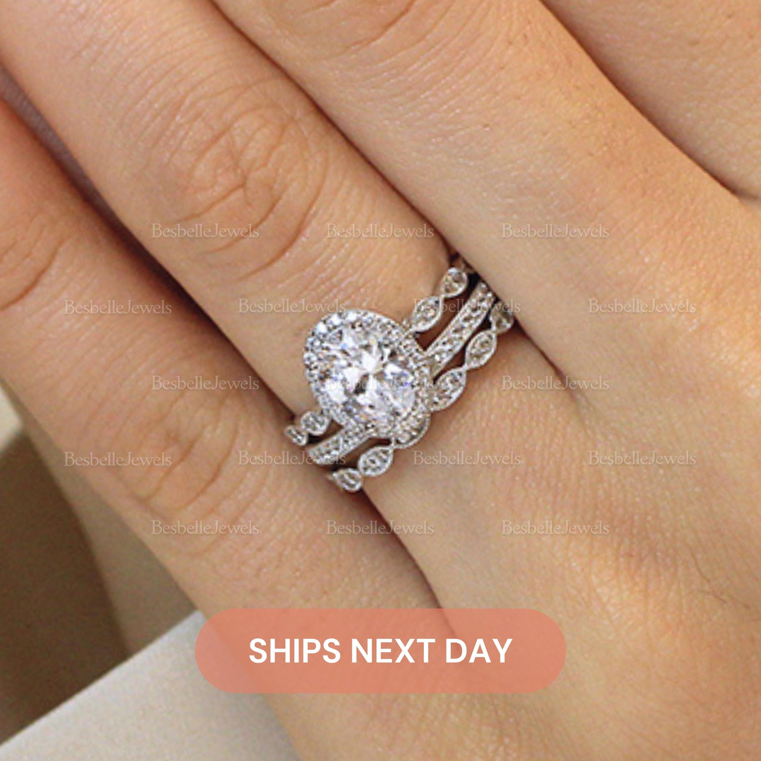 Vintage Art Deco Wedding Ring Set / Oval Halo Bridal Ring Set / Dainty Superior Lab-Created CZ Diamonds / 3PC Stacking Ring Set / 5953-3MX