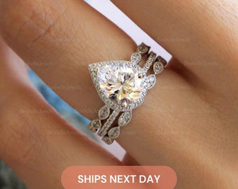 Pear Halo Bridal Ring Set / Vintage Art Deco Wedding Ring Set / Dainty Superior Lab-Created CZ Diamond / 3PC Stacking Ring Set / 6253-3PX