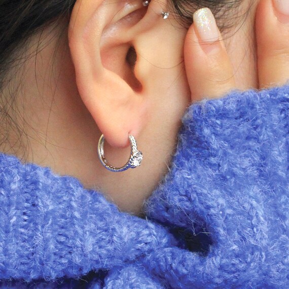 Silver Solitaire Diamond Huggie Earrings Diamond Dainty Classic