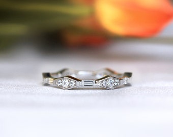 Unique Vintage Art Deco Eternity Ring - Baguette & Brilliant Cut Diamond Stackable Band - Baguette Cut Ring for Wedding [BR3116]