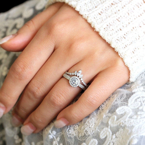 Unique Tiara Crown Bridal Set Ring Unique Halo Engagement Ring Set Curved Wedding Band Set Minimalist Ring Set BR2654 2T