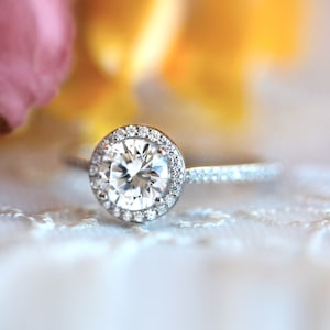 Moon Halo Diamond Engagement Ring Round CZ Diamond Ring Silver Promise, Anniversary Ring Valentine's Day Gift for Her BR0754 SILVER