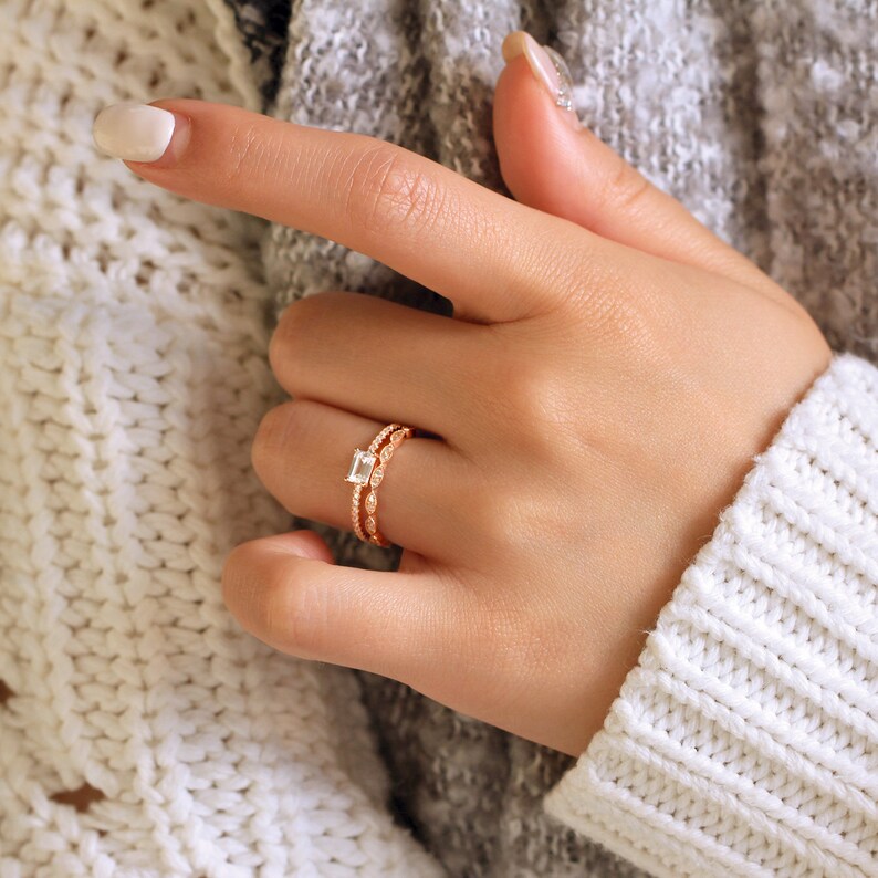 0.92 cttw Emerald Cut Engagement Ring W Art Deco Full Eternity Wedding Band Ring-Bridal Ring-Dainty Set-Rose Gold Plated 65417RG-2B