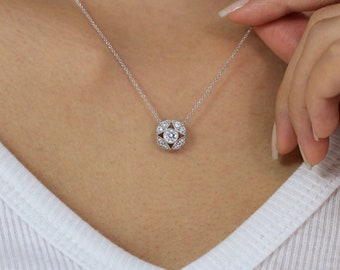 Vintage Filigree Art Deco Necklace - Milgrain Art Deco Necklace - Round Cut Diamond Necklace - Dainty Bridesmaid Gift Necklace [BN3504]