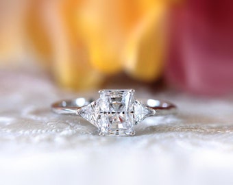Radiant & Trillion Cut Diamond Engagement Ring - Diamond Ring - Vintage Style CZ Diamond Ring - Vintage Art Deco Silver Ring [BR8420RT]